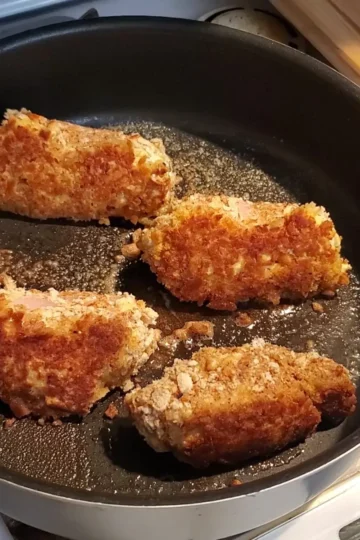 Italian sausage stuffed chicken Browning in a pan ready to go in the oven by Cleveland cooking