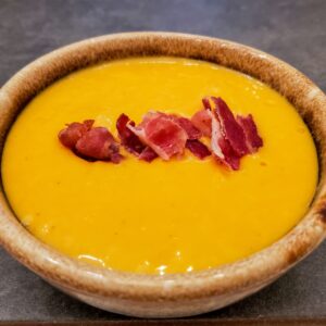 butternut squash soup recipe with bacon pieces on top