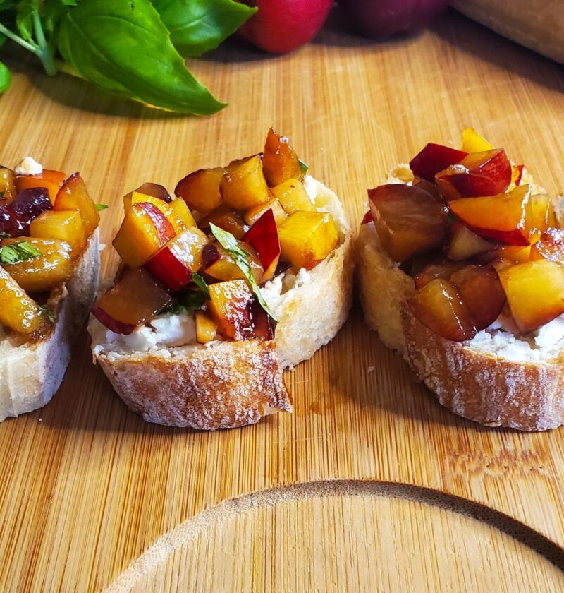 plum and peaches mixed with basil on bruschetta from cleveland cooking plum and peach bruschetta recipe