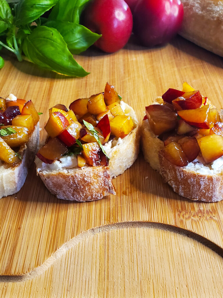 plum and peaches mixed with basil on bruchetta from cleveland cooking.com