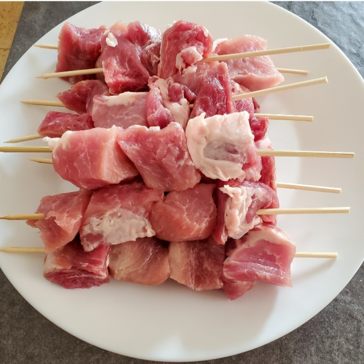 pork for city Chicken recipe skewered and ready for the breading station. Cleveland cooking
