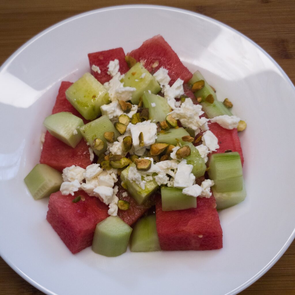cucumber and watermelon salad with feta cheese and pistachios