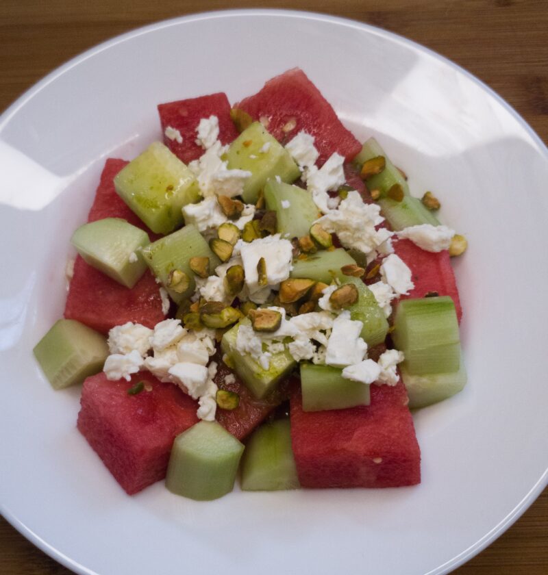 cucumber and watermelon salad recipe with feta cheese and pistachios