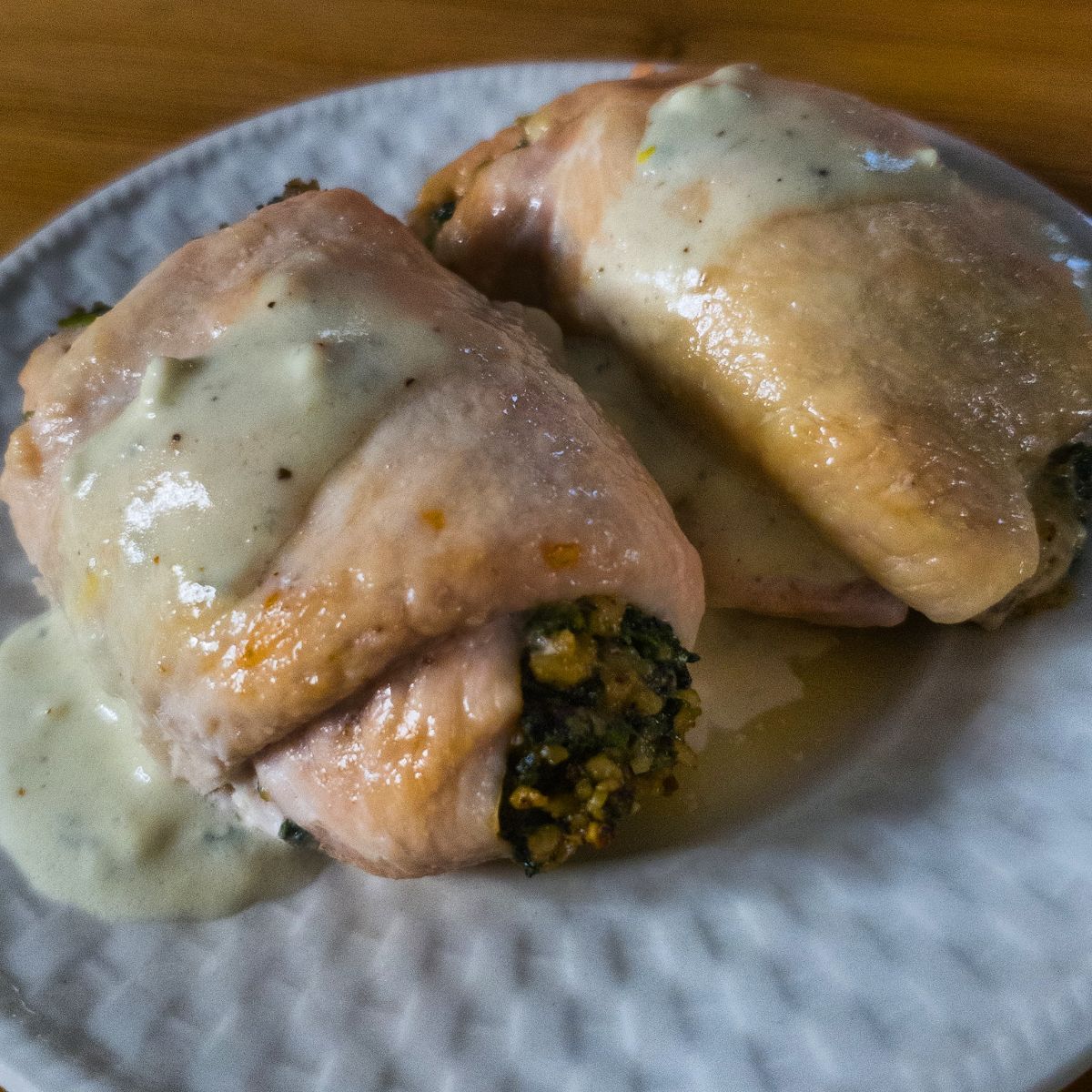 Walnut and Spinach Stuffed Chicken recipe with a Blue Cheese Sauce from cleveland cooking.com