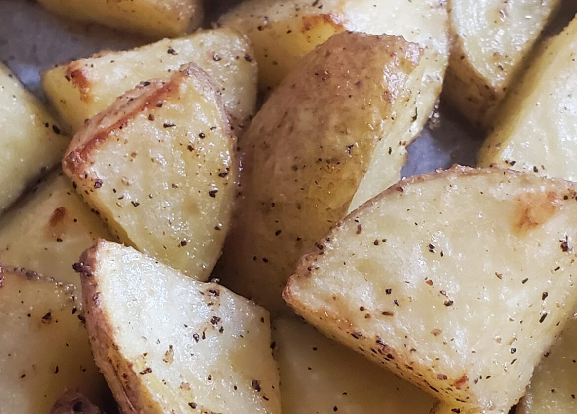 Close up of oven roasted potatoes from cleveland cooking recipe