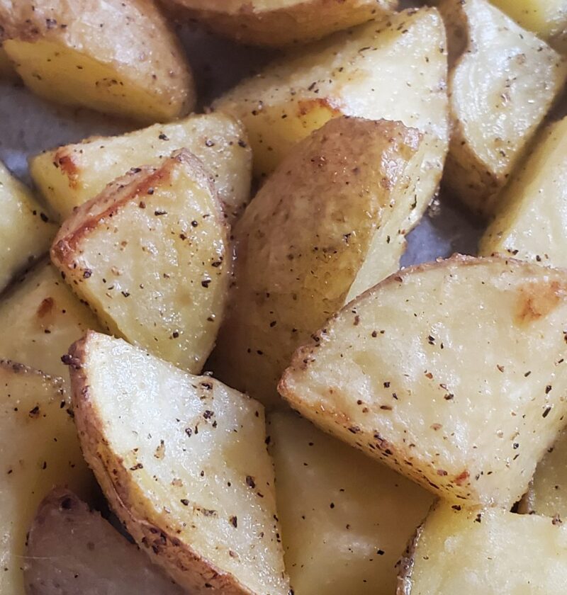 Close up of oven roasted potatoes from cleveland cooking recipe