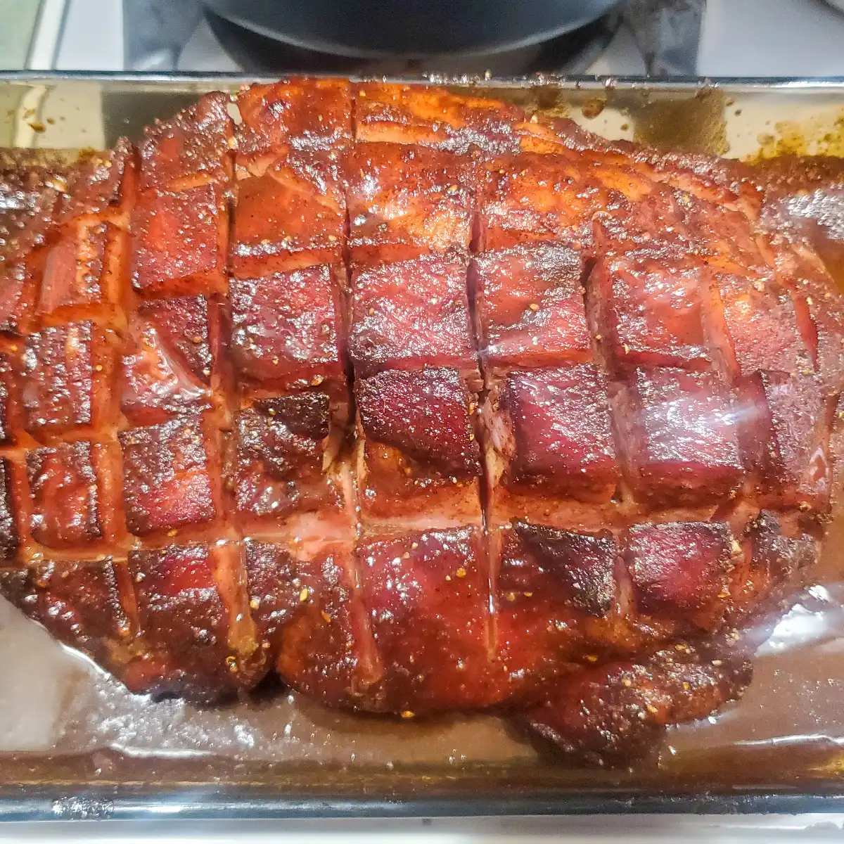 spiced and scored baked ham fresh from the oven from Cleveland cooking