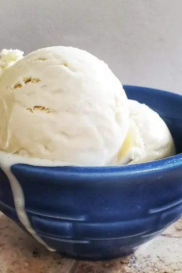 homemade vanilla ice cream from Cleveland cooking. 2 scoops of homemade vanilla ice cream in a blue bowl.