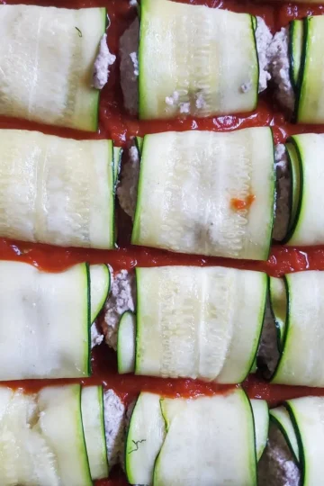 zucchini mushroom roll ups recipe from cleveland cooking. mushroom and cheese filling wrapped with thin zucchini served with pasta sauce