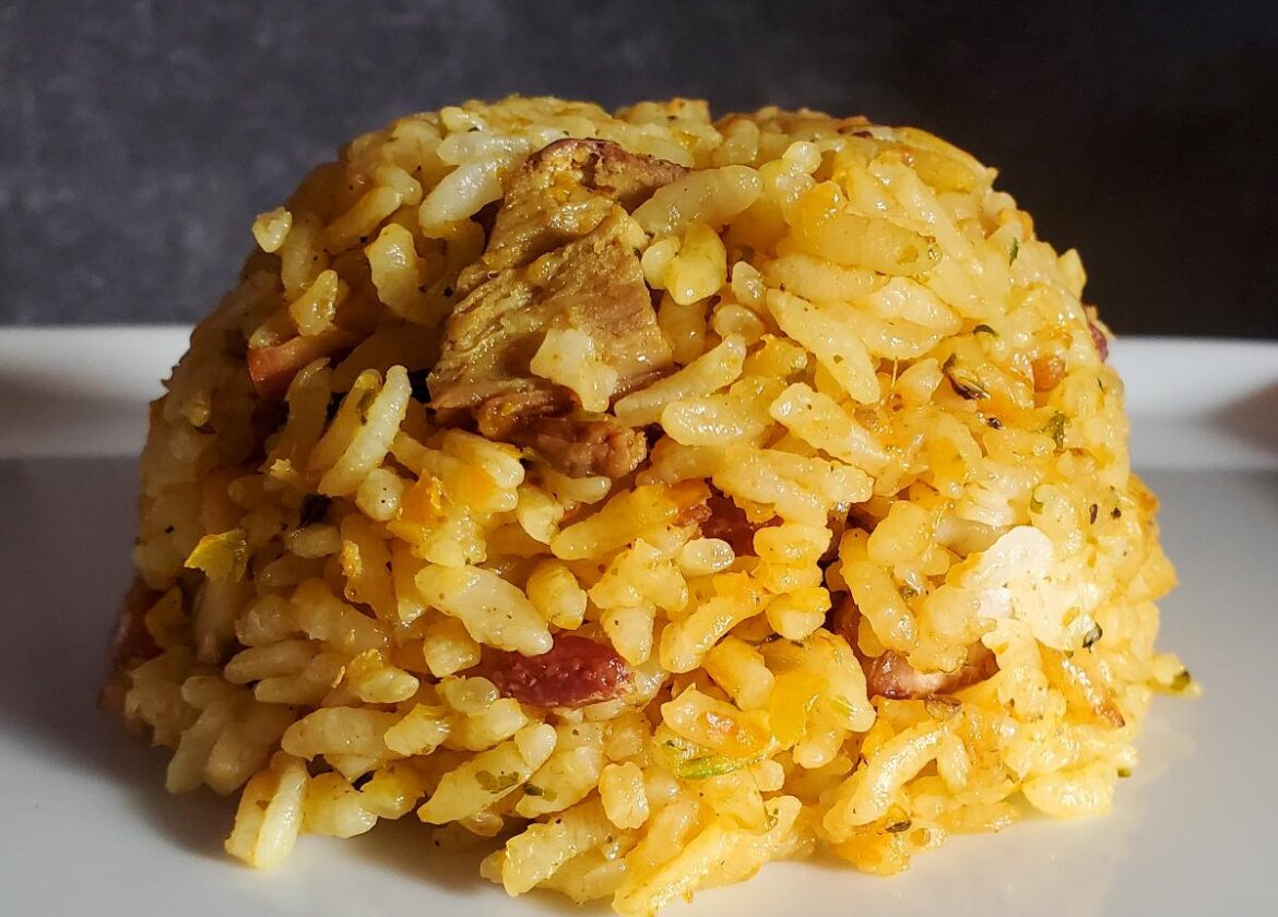 arroz mamposteao recipe from cleveland cooking plated. Rice, sofrito, smoked pork, and bacon.