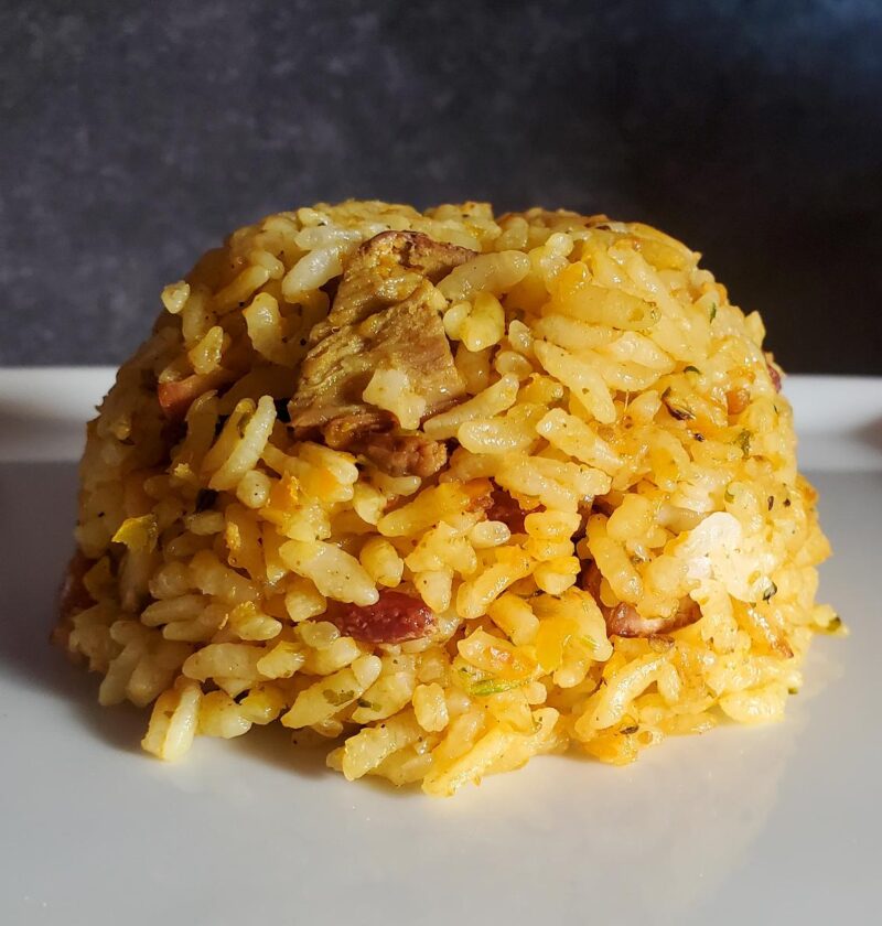 arroz mamposteao recipe from cleveland cooking plated. Rice, sofrito, smoked pork, and bacon.