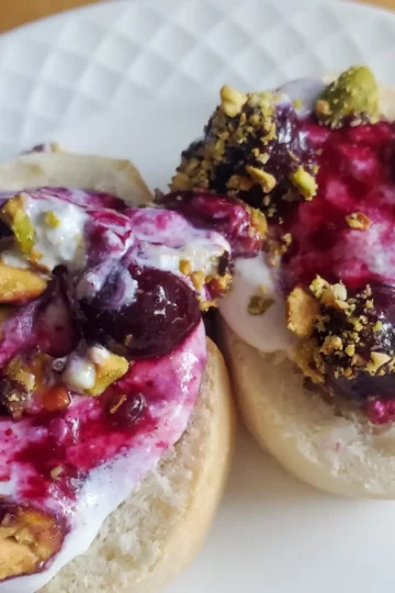 lemon blueberry ricotta dip on small slices of bread. The recipe is from cleveland cooking.