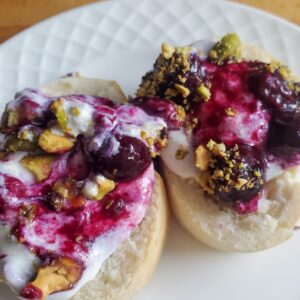 lemon blueberry ricotta dip on small slices of breaad. The recipe is from cleveland cooking.