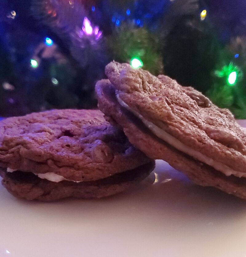 Peppermint chocolate chocolate chip cookie sandwiches from cleveland cooking. cookies with peppermint buttercream in the middle from cleveland cooking