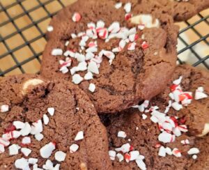 chocolate cookies with white chocolate chips and candy cane sprinkles from cleveland cooking