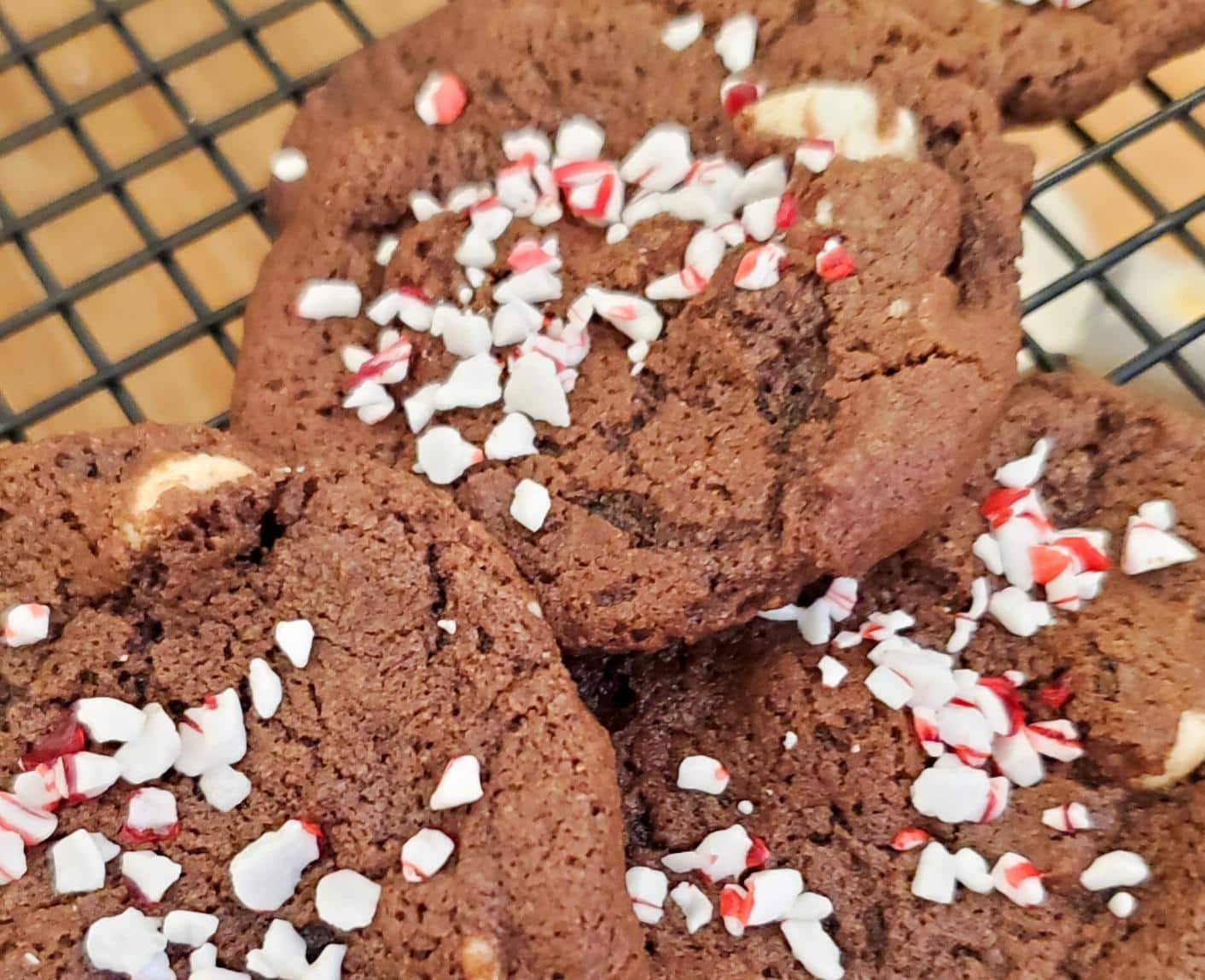 chocolate cookies with white chocolate chips and candy cane sprinkles from cleveland cooking