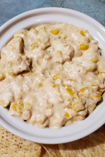 Street corn dip with corn, sour cream, mayonnaise, and spices. Served in a small bowl with tortilla chips. Party food recipe and an appetizer recipe.