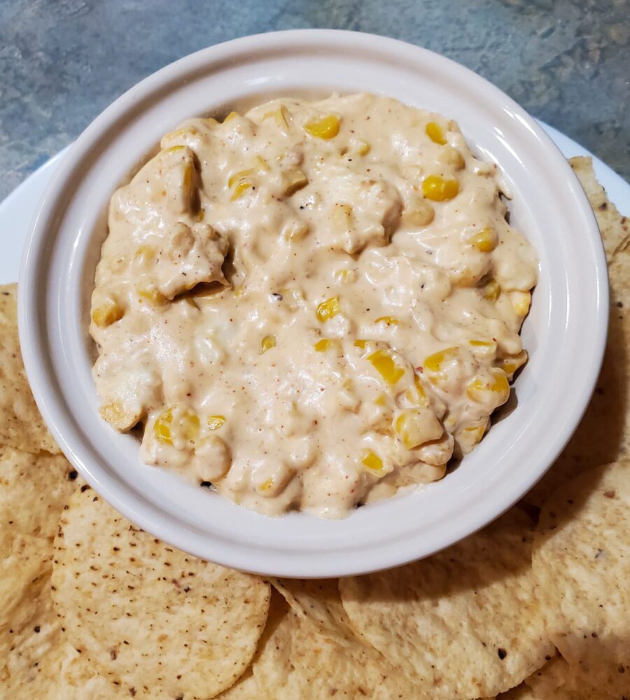 Easy Street Corn Dip Recipe from Cleveland Cooking Corn, cheese, and spices baked and served with tortilla chips.