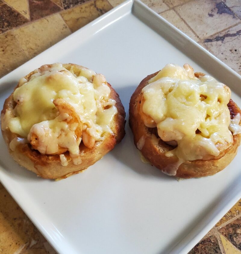Barbecue Shrimp Bread Boats from Cleveland Cooking. Shrimp, easy bun recipe from cleveland cooking, barbeque sauce and cheese.