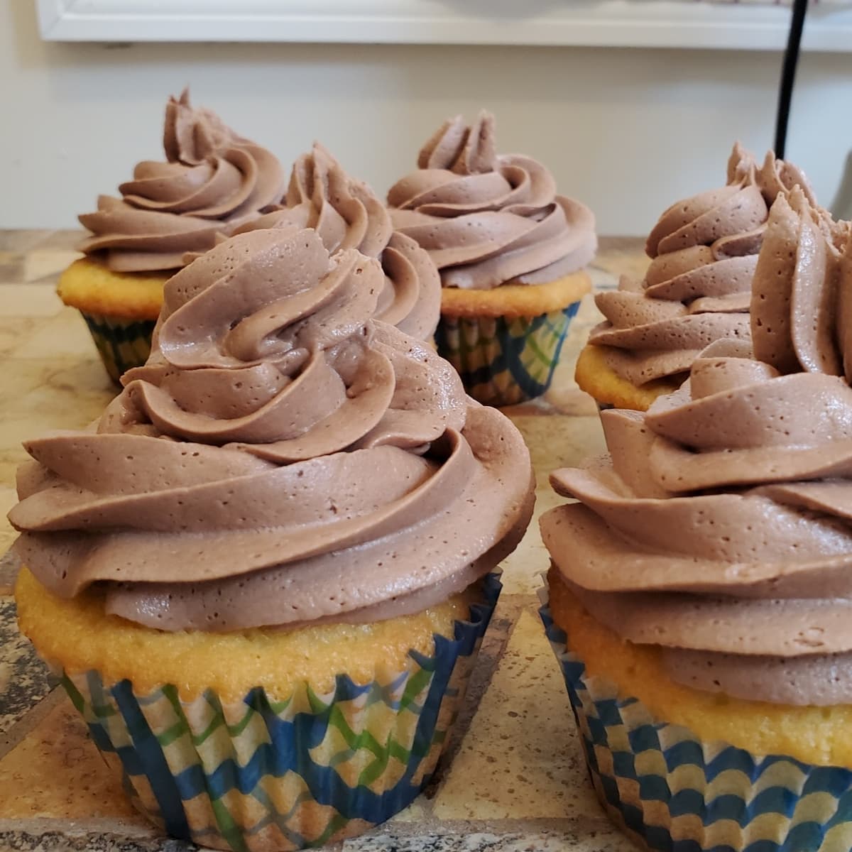 Vanilla cupcakes with chocolate buttercream piped on the top. Chocolate buttercream recipe is from Cleveland cooking