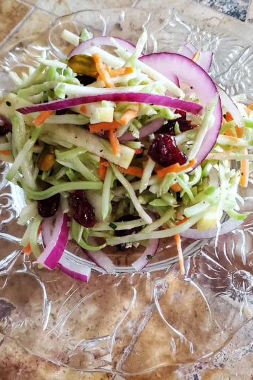 autumn broccoli slaw from Cleveland cooking. broccoli slaw, pecans, dried cranberries, and sliced apples.