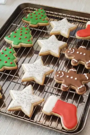 citrus Cut out Cookies from Cleveland cooking decorated and ready for Christmas parties. Christmas tree, stocking, star, and gingerbread man cut outs.