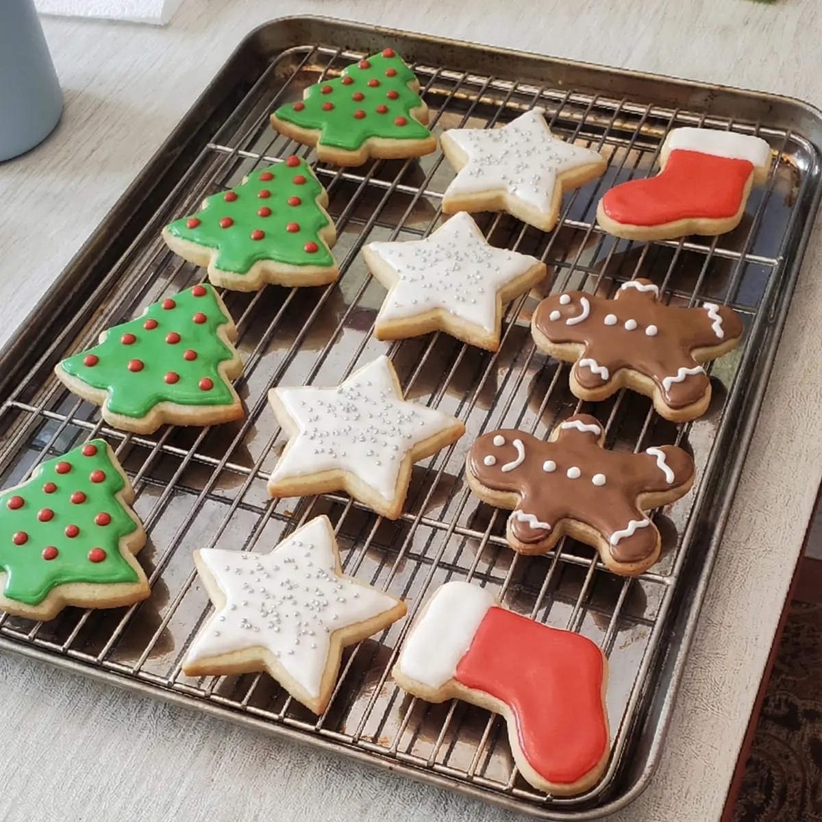 citrus Cut out Cookies from Cleveland cooking decorated and ready for Christmas parties. Christmas tree, stocking, star, and gingerbread man cut outs.