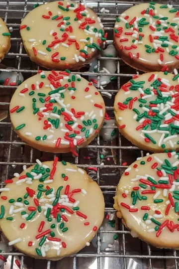 citrus Cut out Cookies from Cleveland cooking decorated and ready for Christmas parties. Christmas tree, stocking, star, and gingerbread man cut outs.