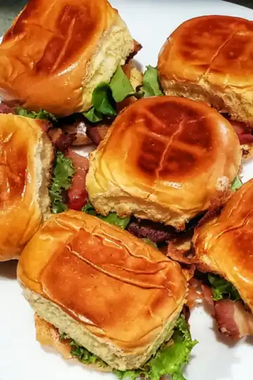 smoked salmon BLT sliders. 6 sliders with smoked salmon, bacon, lettuce, tomato, and mayonnaise. Cleveland cooking