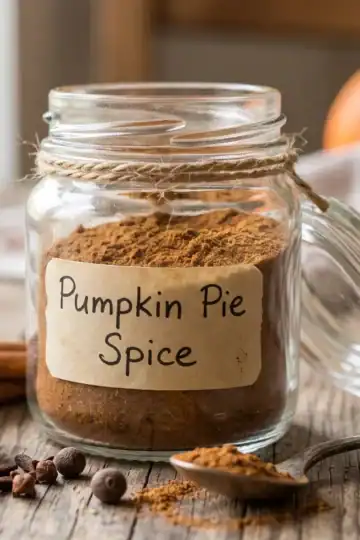 a jar of homemade pumpkin spice on a wooden table surrounded by the spices that make up the blend.
