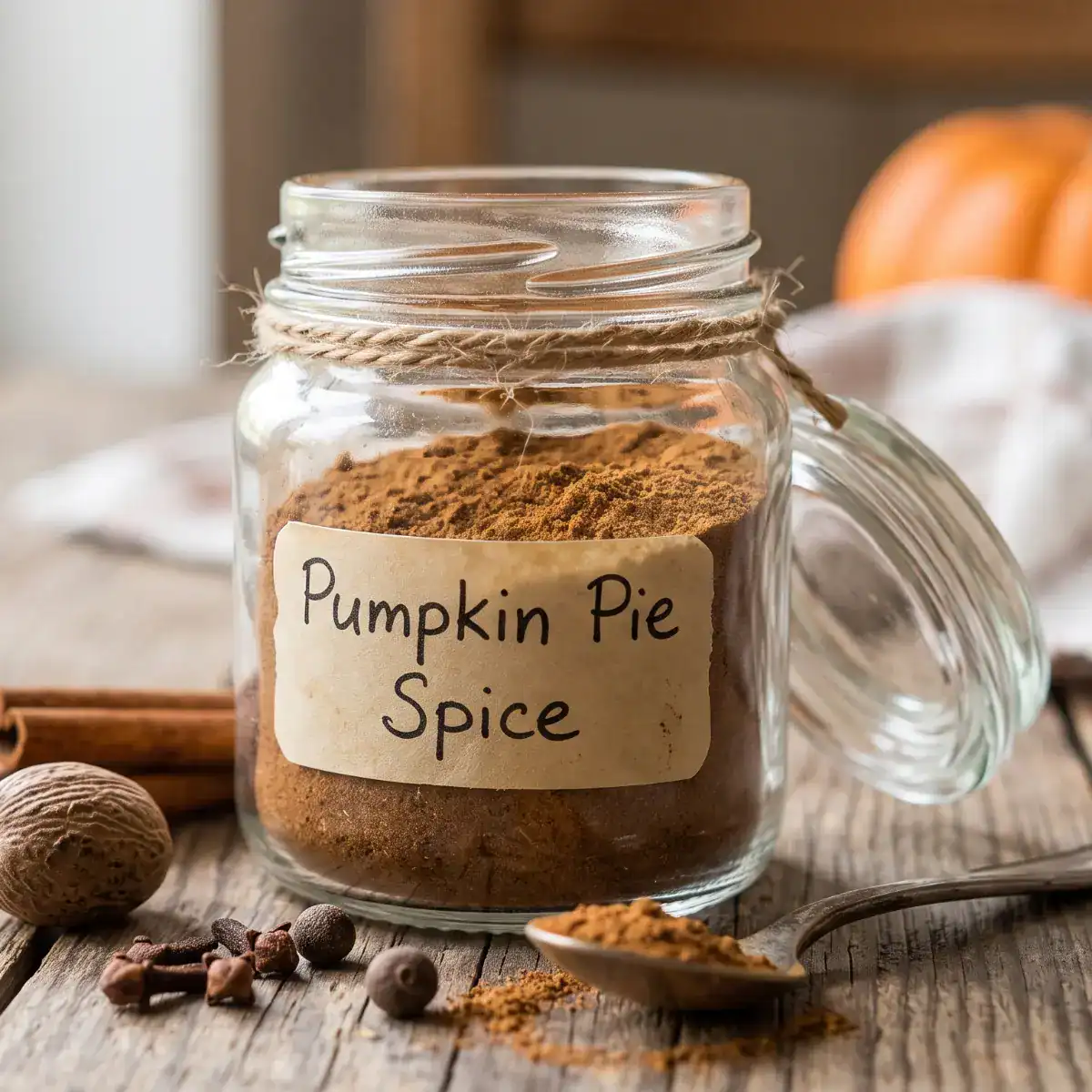 a jar of homemade pumpkin spice on a wooden table surrounded by the spices that make up the blend.