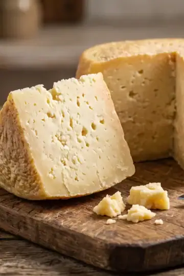 a wedge of Asiago cheese on a cutting board.